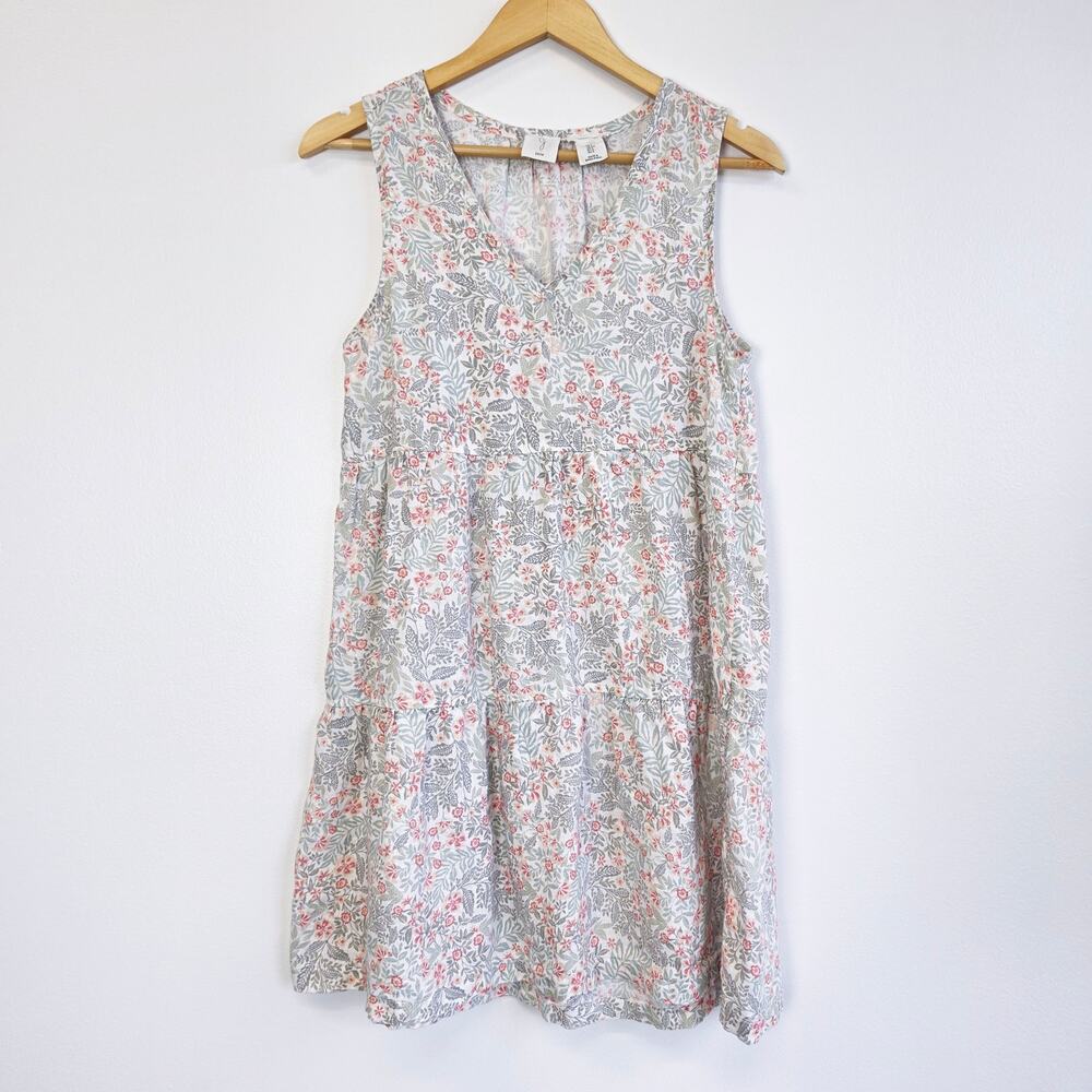 Joie Floral Linen Mini Dress Green Red Babydoll Sleeveless V-Neck Size S Boho